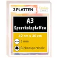 Produktbild: Creative Deco 3 x A3 Sperrholzplatte 3mm | 420 x 300 (+/- 2) mm | Holz Kunsttafeln Leinwand zum Bemalen Birkensperrholz Dünne holz-Zuschnitte | Perfektes Blatt für Laubsäge, Brandmalerei