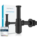 Produktbild: Bächlein Tassensiphon Universal für Waschbecken & Waschtisch (Matt Schwarz), Geruchsverschluss mit Reinigungsöffnung + Einbauanleitung - Designsiphon Ablaufgarnitur Flaschensiphon