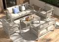 Produktbild: MeXo Gartenlounge-Set Gartenmöbel Set Aluminium 6-7 Personen outdoor wetterfest, (Beige, 12cm Deluxe Relax-Sitzkissen, 5-tlg., Belastbarkeit pro Sitzplatz 140kg), Lounge Gartenmöbelset xxl luxus, Tischplatte aus WPC