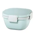 Produktbild: Xavax Salatbox To Go (Salatschüssel zum Mitnehmen, Salatbecher to go mit Dressingbehälter u. 3 Fächer im Topper, für Mikrowelle, Salatbehälter mit Besteck, Deckel Clip Verschluss, 1400 ml) pastellblau