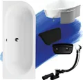 Produktbild: Badewanne Eckwanne Set 5in1 150x75 Links + Premium Ablaufgarnitur und Füßen GRATIS + Verkleidung (Styropor) + Kopfstütze Schwarz | BADLAND AVITA