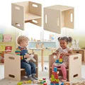 Produktbild: Bellabino Aki Wendehocker 2er-Set – 2in1 Kinderhocker/Beistelltisch aus Holz Natur – Montessori Kinderstuhl aus Birke für Kinderzimmer – multifunktionaler Sitzhocker mit 3 Sitzhöhen – 34 x 35 x 35 cm