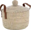 Produktbild: Krines Home Aufbewahrungskorb Handgearbeiteter Seegras Dekokorb mit Deckel Aufbewahrung Flechtkorb, Korb Natur mit weißen Wicklungen Rund (Hell Natur, Rund)