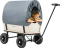 Produktbild: Miweba Holz Bollerwagen Canvas | Mit Planendach - Deichselgeführte Lenkachse - Bis 180 Kg - 70L Fassungsvermögen - Hartgummireifen (Grau/Holz)