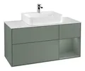 Produktbild: Villeroy & Boch Finion Waschbeckenunterschrank für Becken mittig Regal rechts für Finion / Memento 2.0 3 Auszüge mit Beleuchtung (1x LED) 1200 x 603 x 501 mm - Olive Matt Lacquer / Glass White Matt - F171GMGM