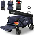 Produktbild: klappbarer Bollerwagen faltbar mit Dach 100kg Tragkraft mit Bremse breite Räder Heckklappe Handwagen Transportkarre Transportwagen Einkaufswagen Blau