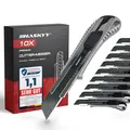 Produktbild: HASKYY Cuttermesser Teppichmesser Cutter Set 18mm 10 Stück SK5-Hochkarbonstahl extra scharf, Ergonomischer Alu-Körper & Gummigriffzone, Integrierter Klingenbrecher