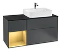 Produktbild: Villeroy & Boch Finion Waschbeckenunterschrank für Becken rechts Regal links für Finion / Memento 2.0 3 Auszüge mit Beleuchtung (1x LED) 1200 x 603 x 501 mm - Midnight Blue Matt Lacquer / Gold Matt Lacquer / Glass Black Matt - F142HFHG