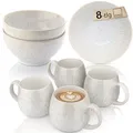 Produktbild: SÄNGER Korfu I Frühstücksset 8 tlg für 4 Personen, Steingut Geschirr Handmade I Frühstück & Kaffee, Je 4x Müslischale & Kaffeebecher Creme mit Sandiger Maserung | PREMIUM COLLECTION