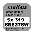 Produktbild: 5x Murata/Sony 319 Uhren-Batterie Knopfzelle SR527SW Neu Silberoxid