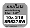 Produktbild: 10x Murata/Sony 319 Uhren-Batterie Knopfzelle SR527SW Silberoxid Blisterware Neu