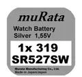 Produktbild: 1x Murata/Sony 319 Uhren-Batterie Knopfzelle SR527SW Silberoxid Blisterware Neu