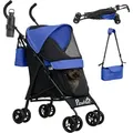 Produktbild: Hundewagen Hundebuggy Klappbar Für Hunde & Katzen Katzenbuggy Mit Netzfenstern, Schultergurt, Aufbewahrungstasche, Becherhalter Regenschirm Katzenwagen Dunkelblau - Pawhut
