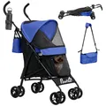 Produktbild: PawHut Hundewagen Hundebuggy klappbar für Hunde & Katzen bis 4 kg Katzenbuggy mit Netzfenstern Schultergurt Aufbewahrungstasche Becherhalter Regenschirm Katzenwagen Buggy Dunkelblau