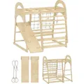 Produktbild: AIYAPLAY 6-in-1 Montessori Klettergerüst Indoor Holz Indoor Spielplatz mit Rutsche, Kletterstangen, Turnringen, Leiter, Kletternetz, Kletterturm Indoor für Kinder von 3-6 Jahre, Naturholz   Aosom