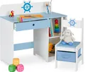 Produktbild: Kinderbureau und Stuhl - Schublade - 2 offene Fächer - Seefahrt-Print - Blau-Weiß