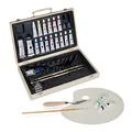 Produktbild: Relaxdays Malkoffer Holz, Künstlerbedarf Set, 18 Ölfarben, Mischpalette, Pinsel, Öl, Malmesser & Palettenbecher, natur