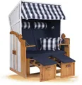 Produktbild: Strandkorb Hanse Ostsee XXL Strandkorb Volllieger 2 Sitzer aufgebaut - 120cm breit - Weiß Blau Kariert Uni, ideal für Garten, Terrasse oder Balkon