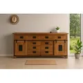 Produktbild: Sideboard Libro III, Akazienholz massiv + nussbaumfarben, Kommode mit 2 Holzschiebetüren, 10 Schubladen & 2 offenen Fächern, Türelemente, Griffe... - Braun