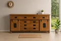 Produktbild: SAM Sideboard Libro III, Akazienholz massiv + nussbaumfarben, Kommode mit 2 Holzschiebetüren, 10 Schubladen & 2 offenen Fächern, Türelemente, Griffe & Reling aus Eisen, 200 x 90 x 45 cm