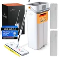 Produktbild: XL Wischmopp Set mit Eimer, 2-Kammer-System & 2 Mikrofaser-Pads, 40 cm Flachmopp mit Edelstahlstiel & Selbst-Auswringfunktion, 143–181 cm Teleskopstiel, Tierhaarentferner, Weiß – ALANBERG®