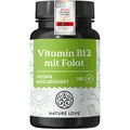 Produktbild: NATURE LOVE® Vitamin B12 Vegan - 500 µg pro Tagesdosis - 180 Tabletten - Beide aktive Formen Adenosyl- & Methylcobalamin + Depot + Folat 5-MTHF aus Quatrefolic® - Hochdosiert und laborgeprüft