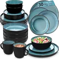 Produktbild: SÄNGER Vigo | Kombiservice 6 Personen, Teller Set Kaffeebecher Pastaschale 30 tlg, Steingut Geschirr Set spülmaschinen- mikrowellen- kratzfest, Geschirrset blau mit schwarzem Rand | VALUE COLLECTION