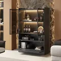Produktbild: Merax Standvitrine mit LED-Beleuchtung, 16 Farben, Glastüren, Klapptür, 120x80x35 cm, Matt Schwarz, Wohnzimmer-Schrank mit Stauraum - Schwarz