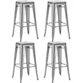 Produktbild: 4x Stuhl Hocker Metall Farbwahl Used Look Sitzfläche Holz Barhocker stapelbar, Farbe:Metallic, Material:Metall - Silber