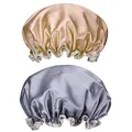 Produktbild: Duschhaube,2er Pack Damen Bad Kappe Doppelschicht Bad-Hut Wiederverwendbar Wasserdichte Elastische Badehüte Groß Duschhauben für Frau Dusche Spa Salon Rosa + Gold