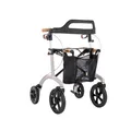 Produktbild: Saljol Allround Rollator in Vollausstattung, 6,4 kg Leichtgewicht mit Sitz, Rückengurt, Tasche, Stockhalter, Klingel, LED-Licht | Outdoor Gehhilfe für Stadt und Land, Sitzhöhe 62 cm, Grau