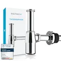 Produktbild: Bächlein Tassensiphon Universal für Waschbecken & Waschtisch (Chrom), Geruchsverschluss mit Reinigungsöffnung + Einbauanleitung - Designsiphon Ablaufgarnitur Flaschensiphon