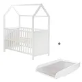 Produktbild: Kinderbett, Hausbett 60 x 120 cm, FSC zertifiziert, weiss, 6-fach verstellbar, als Baby- & Beistellbett komplett mit Wickelplatte