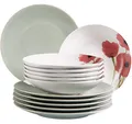 Produktbild: MÄSER 931928 Ossia Aguarela, Teller-Set für 6 Personen in teildekoriertem Vintage Look, 12-teiliges Tafelservice, 6x Speiseteller in hellem Türkis und 6x Suppenteller mit Dekor, Mohnblume, Steinzeug