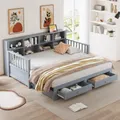 Produktbild: Merax Tagesbett 90x190 ausziehbar auf 180x190, Schlafsofa mit Stauraumfächern, Schubladen und Steckdose, Kinderbett aus Massivholz, Grau
