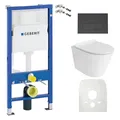Produktbild: Lavita Duofix Basic Vorwandelement + Wand Tiefspül WC Galve Weiß Spülrandlos + WC Sitz + Bedienplatte Delta 25 Schwarzer Knopf Komplettset Unterputz Spülkasten Toilette Komplett Sett WC