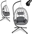 Produktbild: Juskys Hängesessel Aria mit Kissen - höhenverstellbar & faltbar - Polyrattan Hängeschaukel Outdoor & Indoor - Korbhängesessel bis 130kg Dunkelgrau