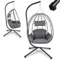 Produktbild: Juskys Hängesessel Aria mit Gestell höhenverstellbar, faltbar & ergonomisch - Outdoor & Indoor - bis 130 kg - Polyrattan Korbhängesessel inkl. Kissen - Grau