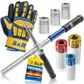 Produktbild: S&R Reifenwechsel Set 3-tlg, Drehmomentschlüssel 70-170 Nm, Kraft-Schoneinsätze 17-21mm für Alufelgen & Montagehandschuhe XL, Radwechsel Kreuzschlüssel Set für Auto Reifen, Profi Werkzeug Koffer