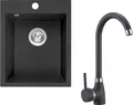 Produktbild: Granit Küchenspüle mit Armatur, Schwarz Spülbecken Einbauspüle 39x48 cm, Spüle mit Schwarz Spülarmatur Hochdruckarmatur