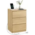 Produktbild: VASAGLE Nachttisch 3 Schubladen abgeschrägte Kante 2 Steckdosen 2 USB-Anschlüsse Wohnzimmer Schlafzimmer Büro modern strohgelb