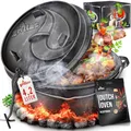 Produktbild: grillas Dutch Oven Set inkl. Rezeptideen | bereits eingebrannt - preseasoned | Feuertopf Gusseisen I Bräter mit Deckelheber und Henkel (Topf mit Füße, 4,2 Liter / 4,5 QT)