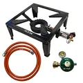 Produktbild: Gaskocher 10,5 kW – 4-Fuß Hockerkocher mit Gussbrenner, 1,5 m Schlauch, 50 mbar Druckregler & Piezozündung – Outdoor Campingkocher für Garten, Grill & Wok