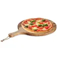 Produktbild: Relaxdays Pizzabrett, rundes Schneidebrett aus Akazienholz, Ø 35,5 cm, Pizzateller mit Griff, Käsebrett, Natur