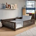 Produktbild: Kinderbett Bodenbett 140x200 cm mit Rausfallschutz & Lattenrost Montessori Bett Bed Gitterbett Kinder Jugendbett Einzelbett | Zartbitterschokolade - Dunkelbraun