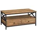 Produktbild: VASAGLE Couchtisch, Wohnzimmertisch, Sofatisch, für Wohnzimmer, mit Schubladen, X-förmige Streben, offenes Fach, Industrie-Design, walnussbraun-schwarz LCT201B41