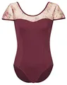 Produktbild: tanzmuster Ballett Trikot Damen Kurzarm - Marleen - BH-Pad-Einschub - geblümte Netzeinsätze - burgunder 38 - roter Tanz Body - Ballettkleidung für Erwachsene