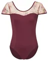 Produktbild: tanzmuster Body Damen Kurzarm Ballett Trikot Marleen mit geblümtem Netzeinsatz Prinzessnähte für eine feminine Note