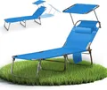 Produktbild: VCM Sonnenliege klappbar | Gartenliege faltbar, leicht und kompakt | Liegestuhl für Balkon, Strand und Camping mit verstellbarem Sonnendach | Blau