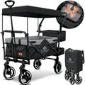 Produktbild: Bollerwagen Faltbar Gts-9100 Mit Dach Handwagen Transportwagen Klappbar Inkl. 2x 3-punkt Gurtsystem 360° Vollgummi-reifen Schwarz/grau - Kesser